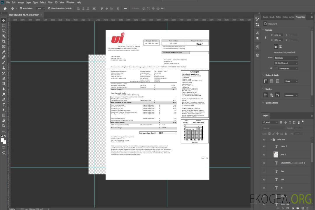 États-Unis Connecticut The United Illuminating Company modèle de facture de services publics d'électricité aux formats Word et PDF template